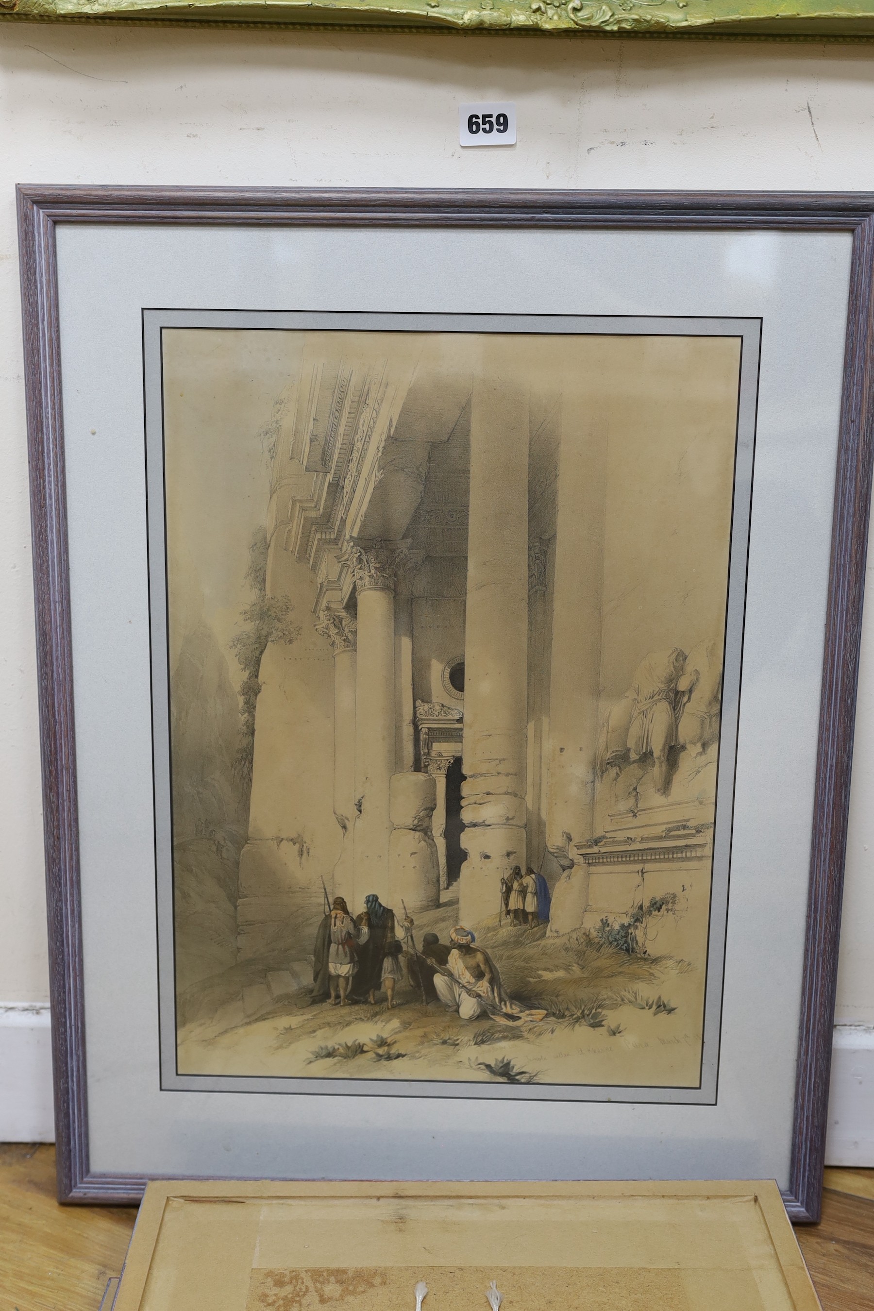 David Roberts (1796-1864), set of three hand-coloured lithographs: 'The Ascent of the Summit of Sinai', dated 1839, plate 10, 'The Rocks of Moses', 1839, plate 17, and 'Temple of El Knasne Petra', 1839, plate 26, largest
